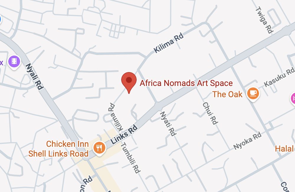 Map showing Africa Nomads Art Space on Kilima Road, Mombasa, between Links Road and Nyali Road.